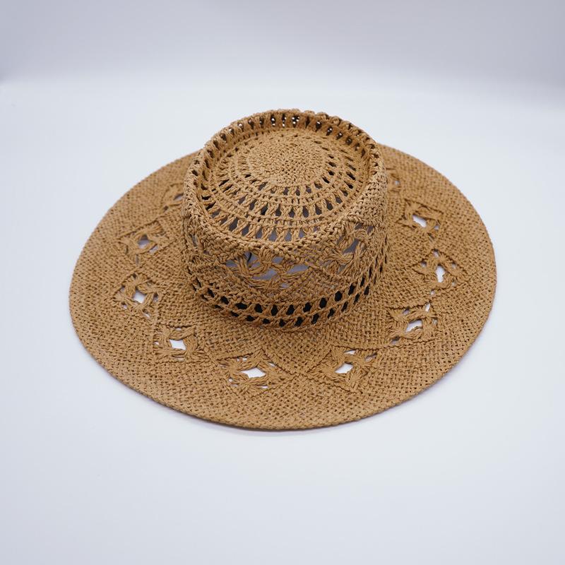 French Retro Hollowed-Out Flower Color Woven Flat-Top Straw Hat Trendy Girl Summer Vacation Top Hat Japanese Sun Top Hat