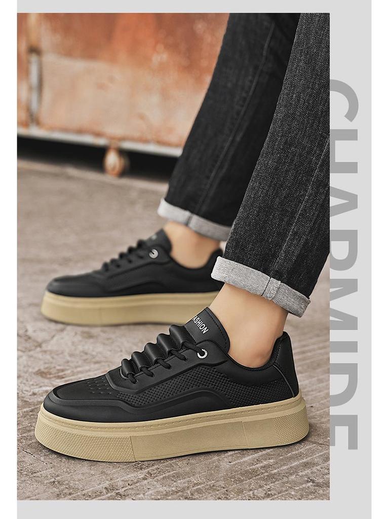 Men's Trendy Breathable White Leather Sneakers: Versatile, Thick-Soled Casual Shoes