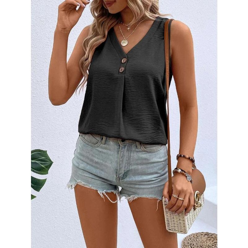 YYFS Moda damska Casual Lato Wiosna Jednolity kolor Drukuj Bluzki i koszule bez rękawów z dekoltem w kształcie litery V
