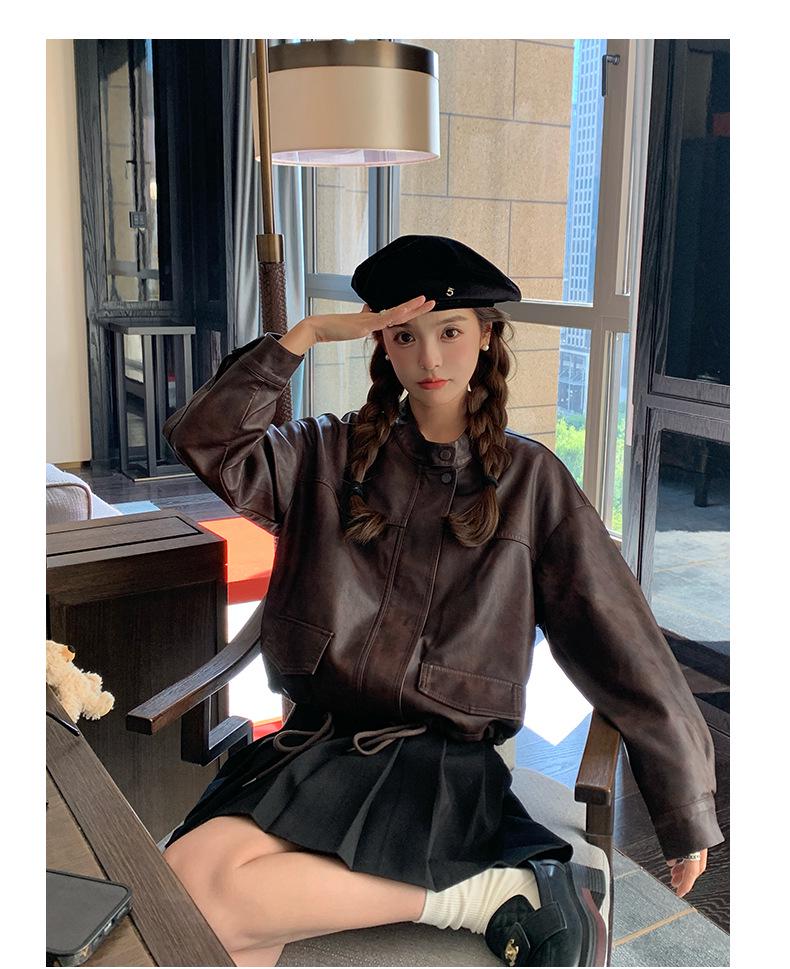 American Retro Casual PU Leather Drawstring Jacket - Autumn 2024, Small Size, Loose Fit, Age-Reducing Design