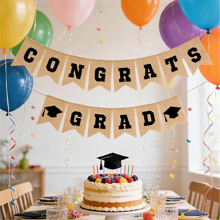 Stylish Graduation Themed Banners Hanging Ornament Linen Fabric Bunting For Party Backdrops Indoor and Outdoor Use