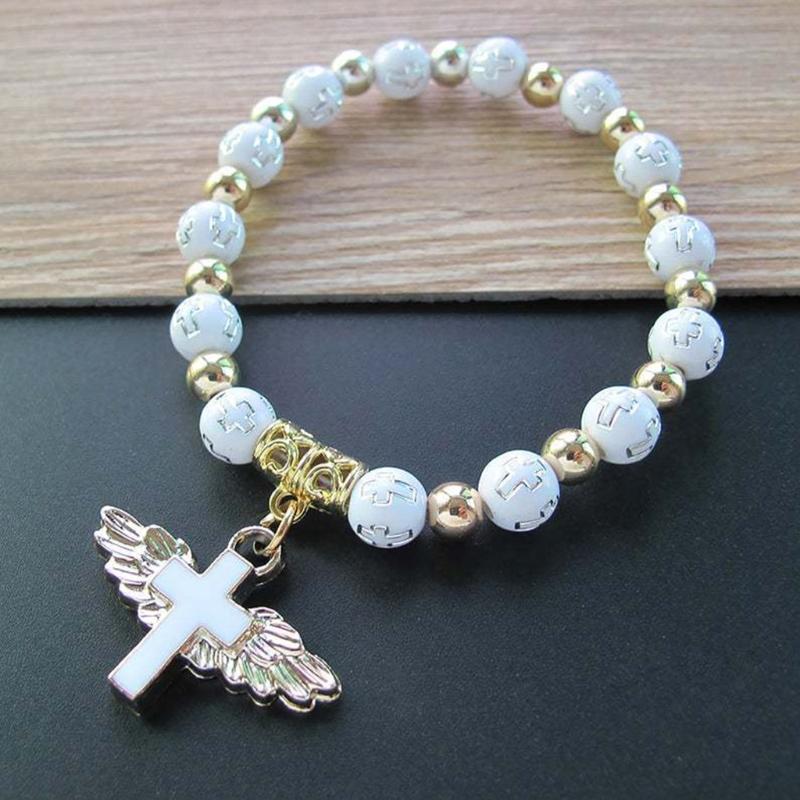 Nice Religious Stretch Bracelets Charm Angel for Cross Rosary Beads Bracelet Catholic Pendant for Women Jewelry Decor Gi