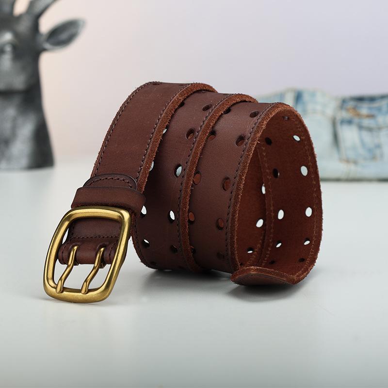 First Layer Cowhide Men'S Belt Double Row Hole Hollow Belt Casual Temperament Retro Leather Belt Factory