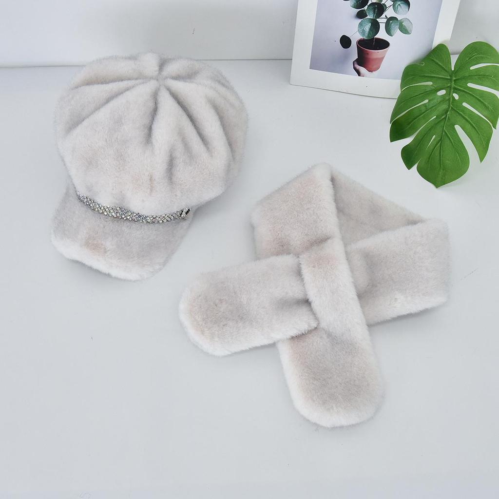Luxury Faux Mink Fur Beret with Visor for Women, Winter Hat&Scarf Set,Outdoor Peaked Beret with Rhinestone Embellishment