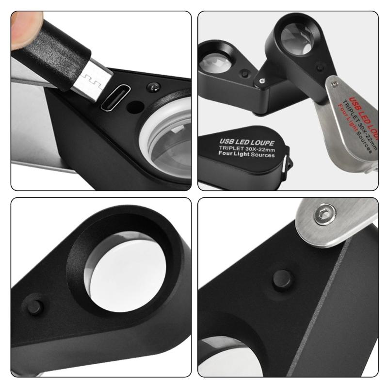 Lupa de Mano 10X/20X/30X Lente de Aumento con Luz LED Lupa para Ojos para Inspección Joyería Sellos Lupa