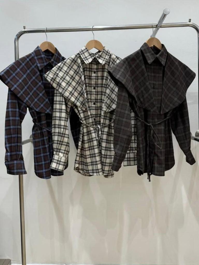 Ensemble chemise à carreaux et châle pour femmes européennes et américaines 2026: Mode Trois-en-un à Manches Longues avec Taille à Nouer.