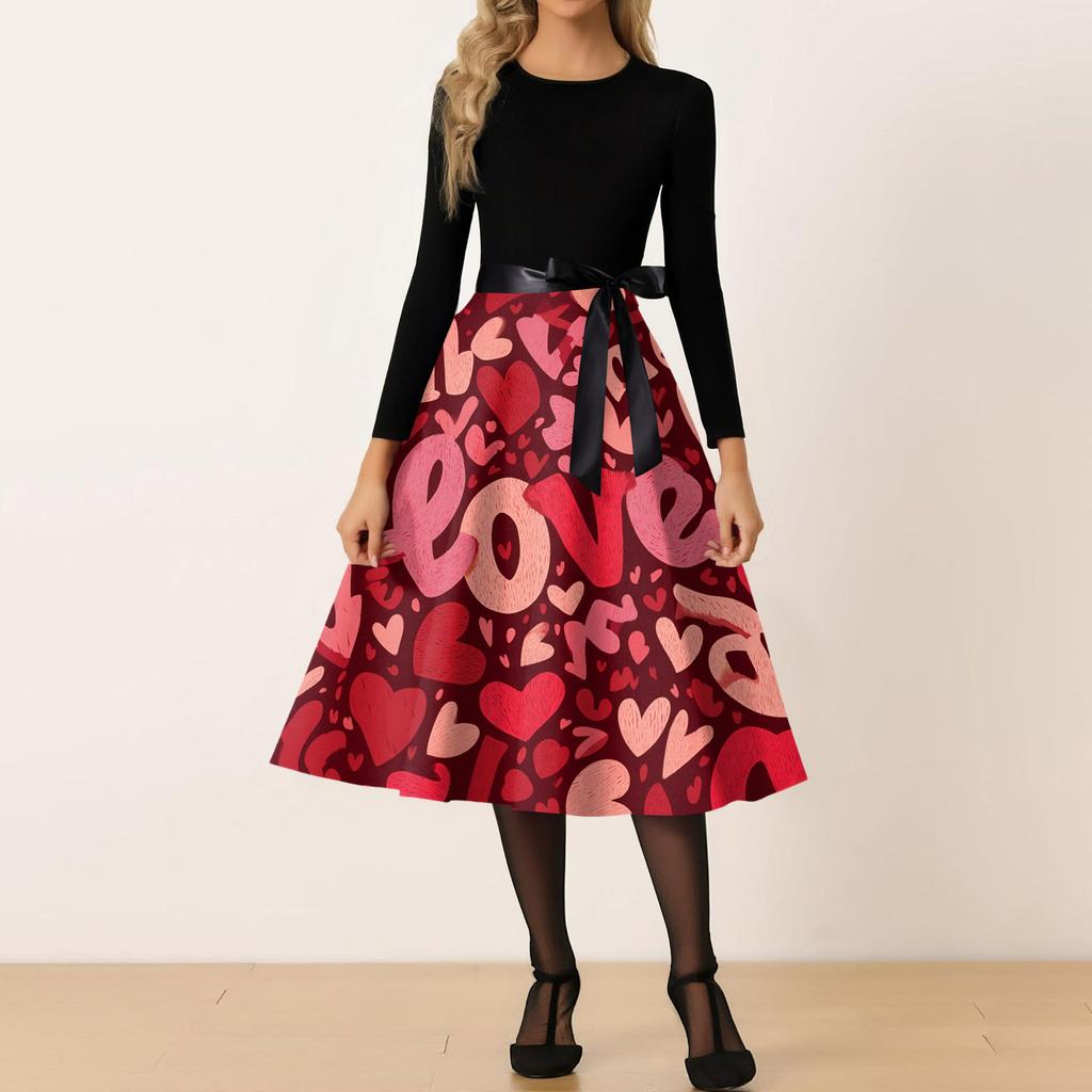 Women's Casual Fashion Round Neck Valentine's Day Printed Retro Dress