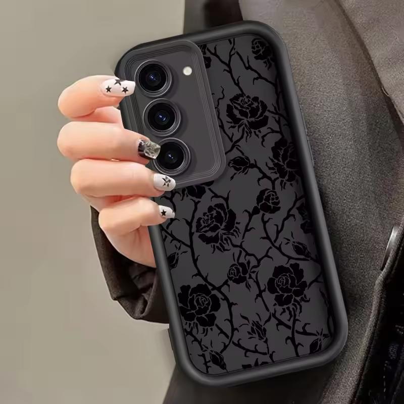 Black Rose Flower INS For Samsung Galaxy Case S24 S23 S22 S21 Ultra Plus Fe A55 A54 A53 A52 A35 A25 A15 A14 5G Phone Y2k Cover