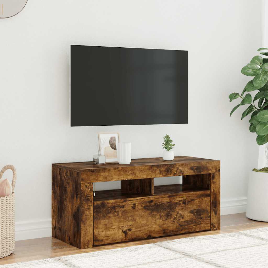 TV Stand with LED Lights Smoked Oak Finish 90 x 35 x 40 cm