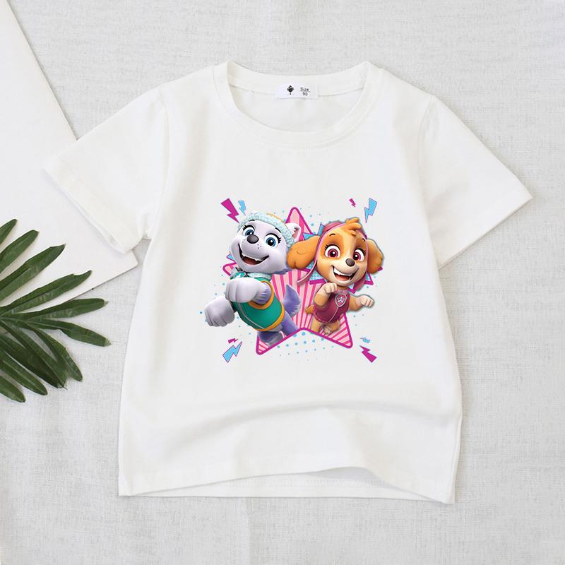 Wangwang Team Printed T-shirt, White Girls' Summer Clothing, Cartoon Children's Short Sleeved T-shirt, Cute Casual Top