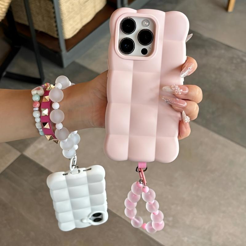 Cartoon Lattice 3D Block With Bead Lanyard Phone Case For iPhone 18 17 16 15 14 13 Pro Max Candy Color Shockproof Soft TPU Cover