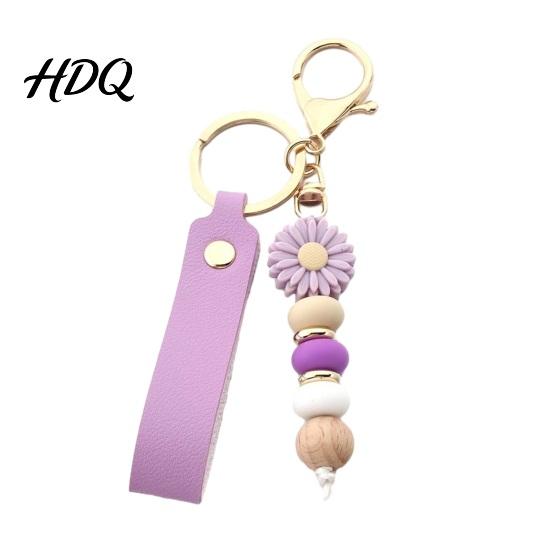 Flower Charm with Wood Beads Silicone Keychain Faux Leather Wristlet Car Key Aesthetic Ring Pendant Handbag Backpack Anti Oxidation Metal