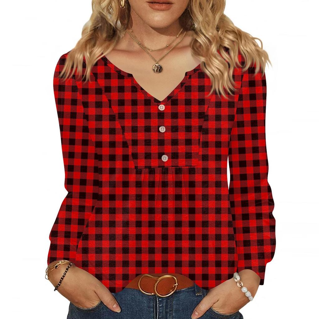 Women's Fashionable Casual V-neck Blouse Button Long-sleeved Pullover T-shirt Top