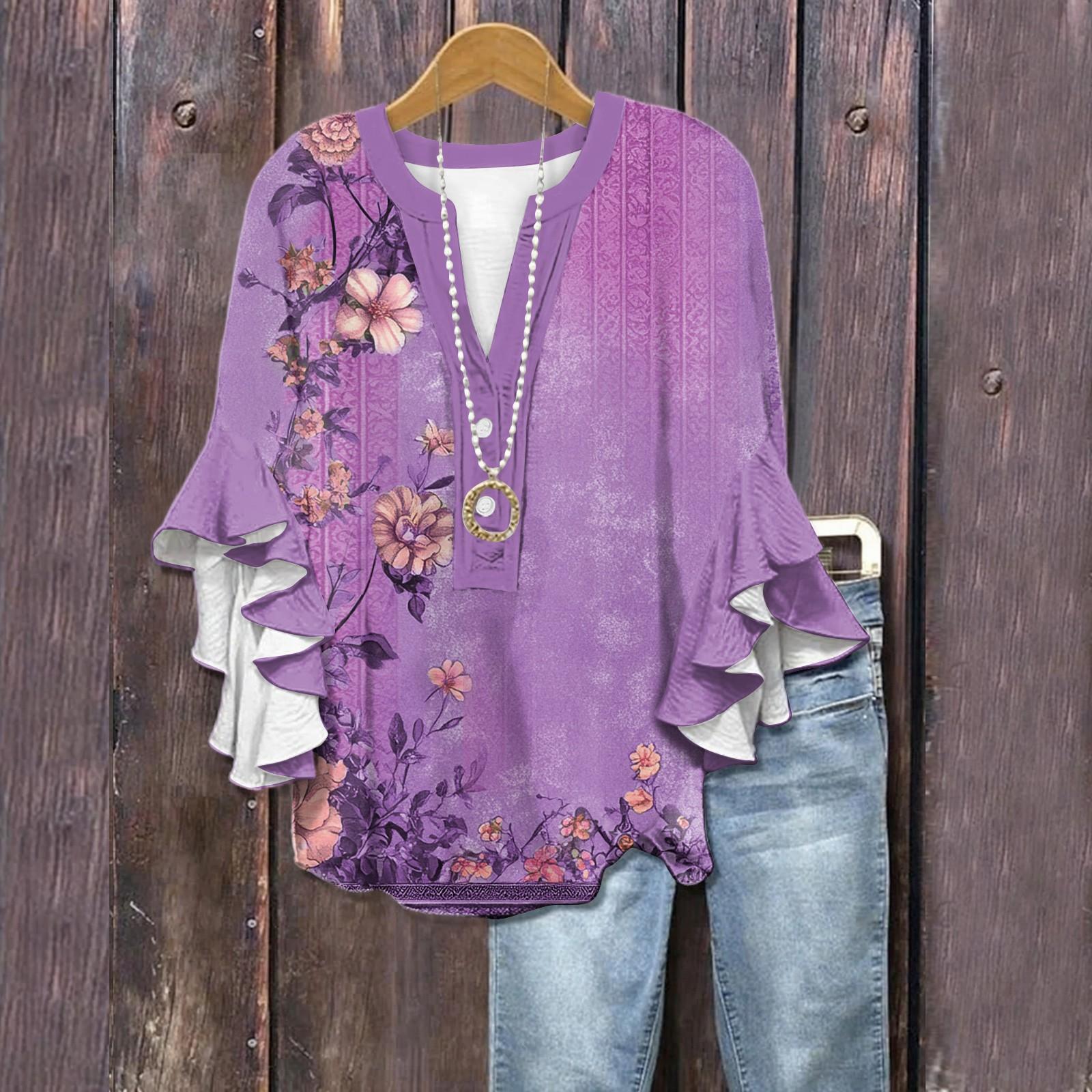 

Летние топы для женщин, симпатичные блузки с V-образным вырезом и рукавом 3/4, повседневные рубашки с цветочным принтом S