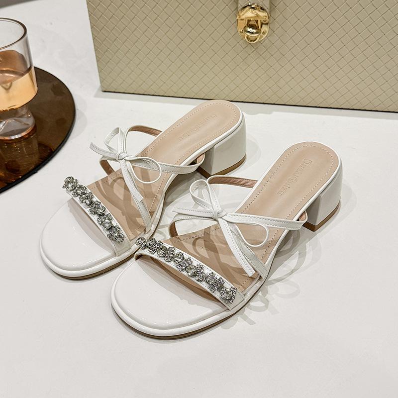 2025 summer new thick heel one-word cool slippers fairy style with skirt sandals wear rhinestone round head cool slippers