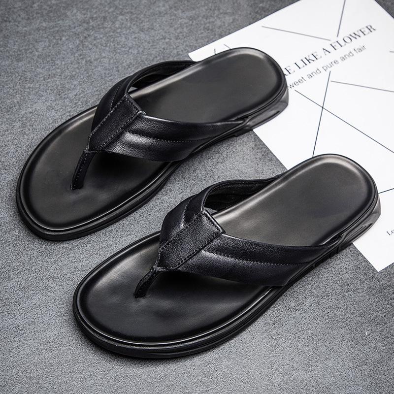 Plain version dynamic cool slippers men's summer toe flip-flops men's cowhide sandals men's shoes first layer beach shoes comfortable