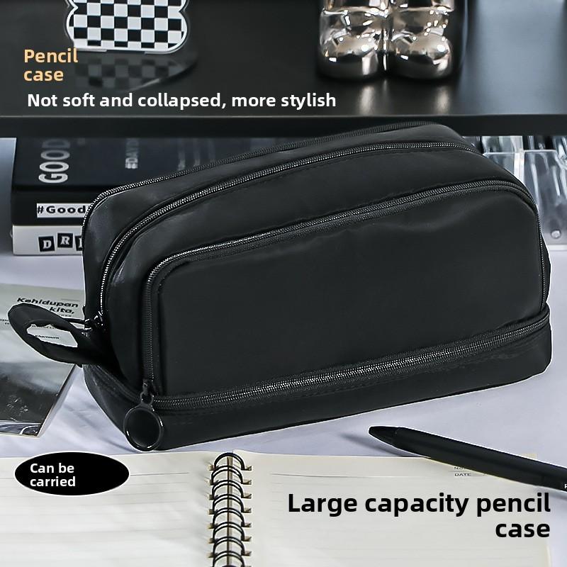 Minimalist Double Layer Fabric Pen Case With Large Capacity For Students And Office Use