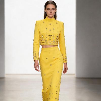 In-Stock 2026 European & American Celebrity Fashion: Heavy Beadwork Rhinestone Short Top & Long Skirt Two-Piece Set