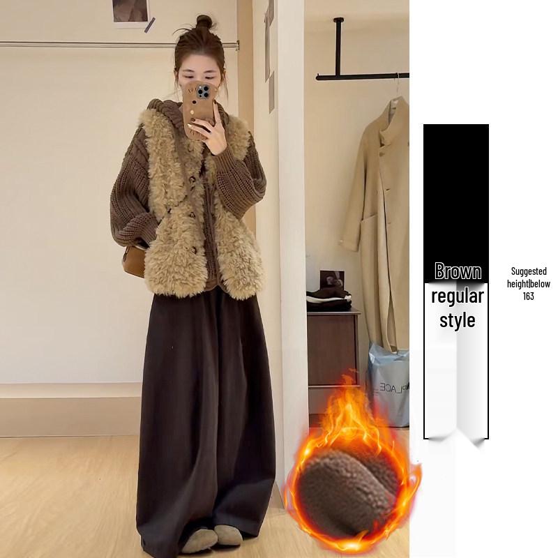 Women's Coffee-Colored High-Waisted Wide-Leg Pants - Mid-Rise with Thickened Fabric for Slimming Effect - Autumn/Winter 2025
