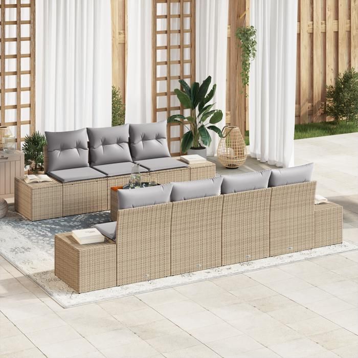 VidaXL Ensemble de canapé de jardin 8 pièces avec coussins Beige Poly Rattan Acacia 3356586