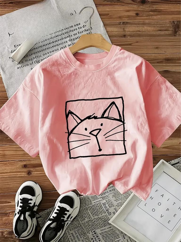 Kwaii Cat Letter Print Streetwear Tshirts Female T Shirts Egirl Korean Fashion Graphic Tees Tops Unisex Clothing