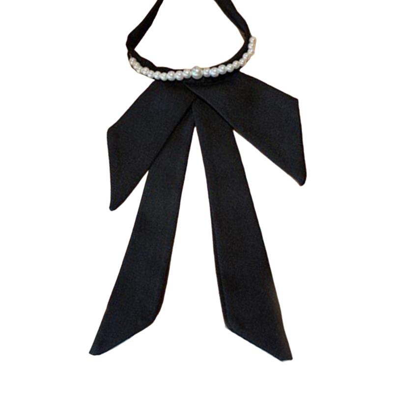 

Women College School Uniform Vintage Long Ribbon Bows Tie Pearl Beaded Jewelry Wedding Pre-Tied Adjusted Bowknot Necktie