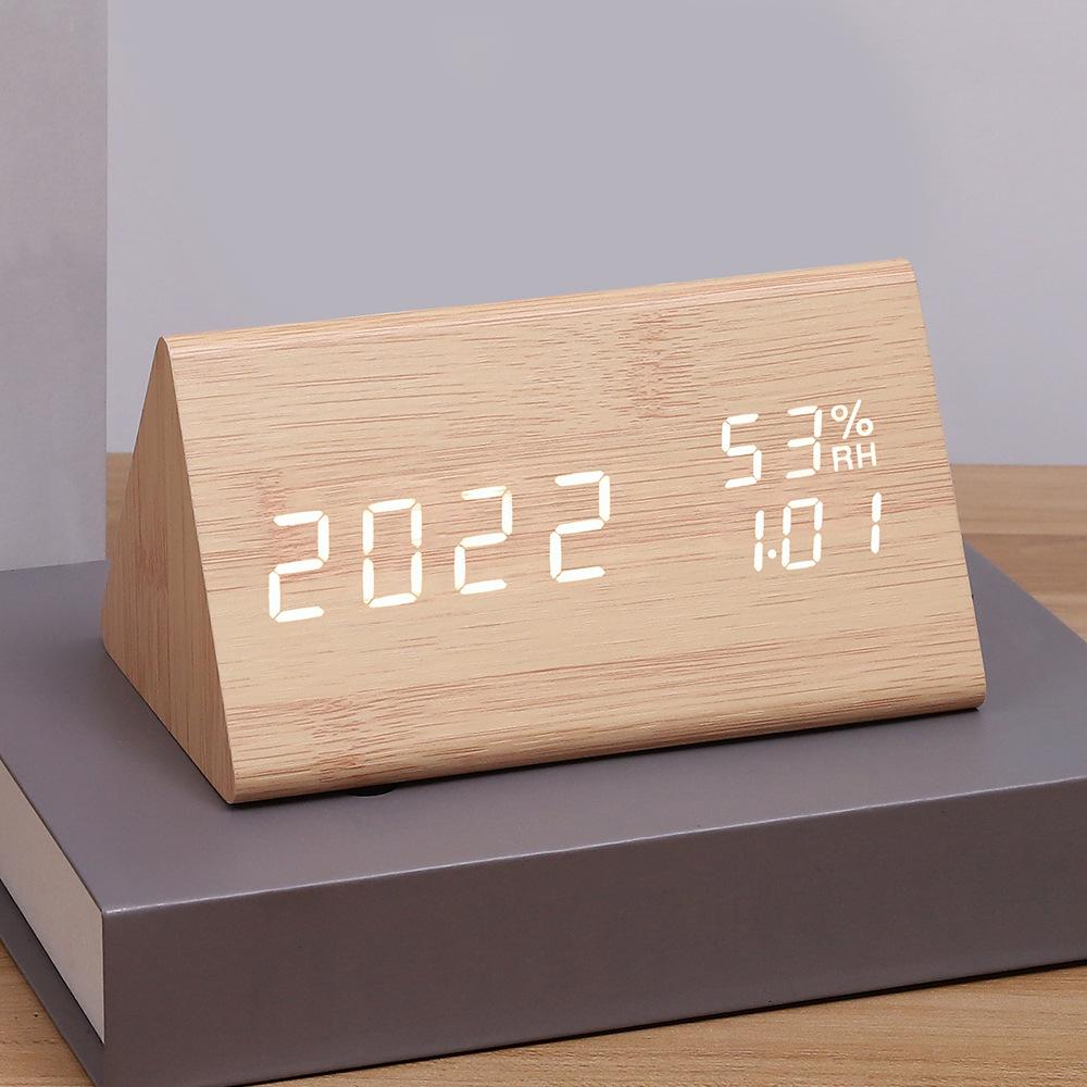 Simple Plug-in LED Electronic MDF Desk Clock Silent Voice-Controlled Digital Alarm Clock Temperature Humidity Display