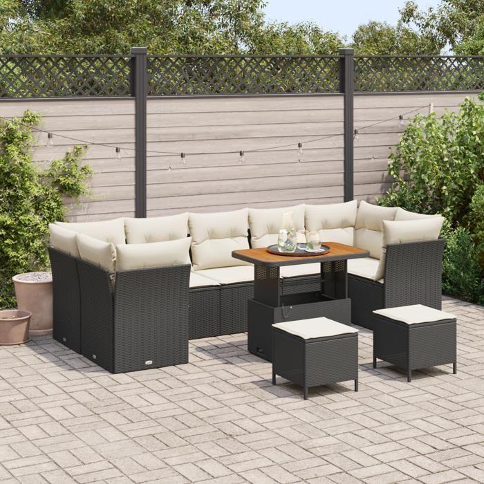 Ensemble de Canapé de Jardin 10 pièces avec Coussins Noir Poly Rattan Acacia, Ensemble de Dîner de Jardin 3 pièces 3361470
