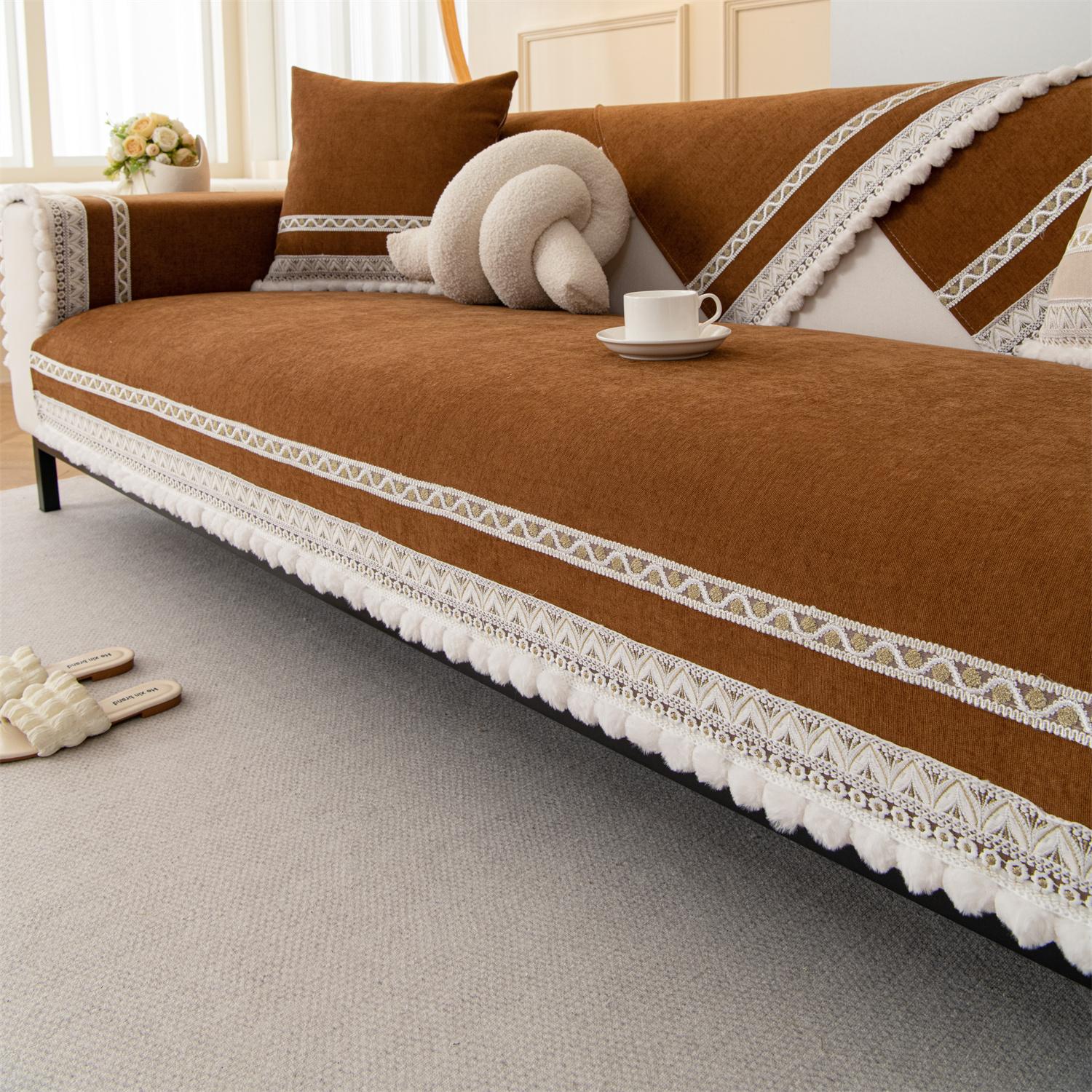 

Чехол на подушку для дивана из шенилла с пушистым декором на все времена года, универсальный нескользящий чехол для сиденья дивана, чехол для дивана, полотенце 70*70cm коричневый