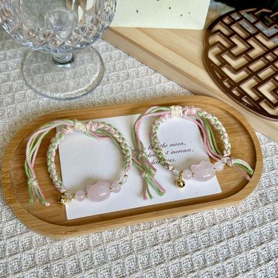 Handmade Natural Rose Quartz Hello Kitty Bracelet - Cute Cotton Thread Design, Perfect Gift for Friends and Besties.