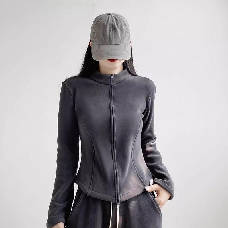 Women Stand Collar Fleece Jacket Lady Girls Zip-up Sport Style Yoga Jacket Solid Cardigan Jacket