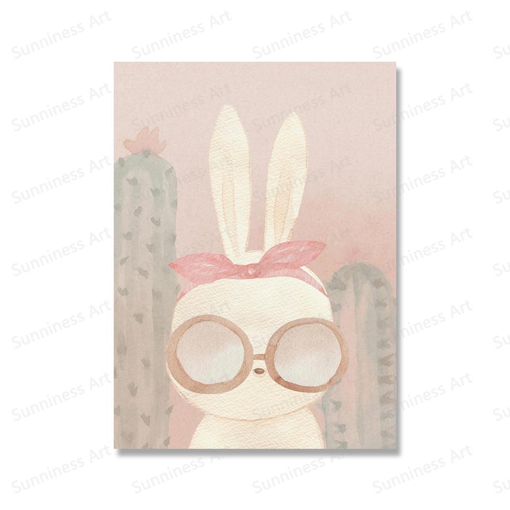 Boho Rainbow Bunny Wall Art Canvas Painting Nordic Poster Art Prints Cactus Rabbits Pictures for Girls Room Childrens Room Decor