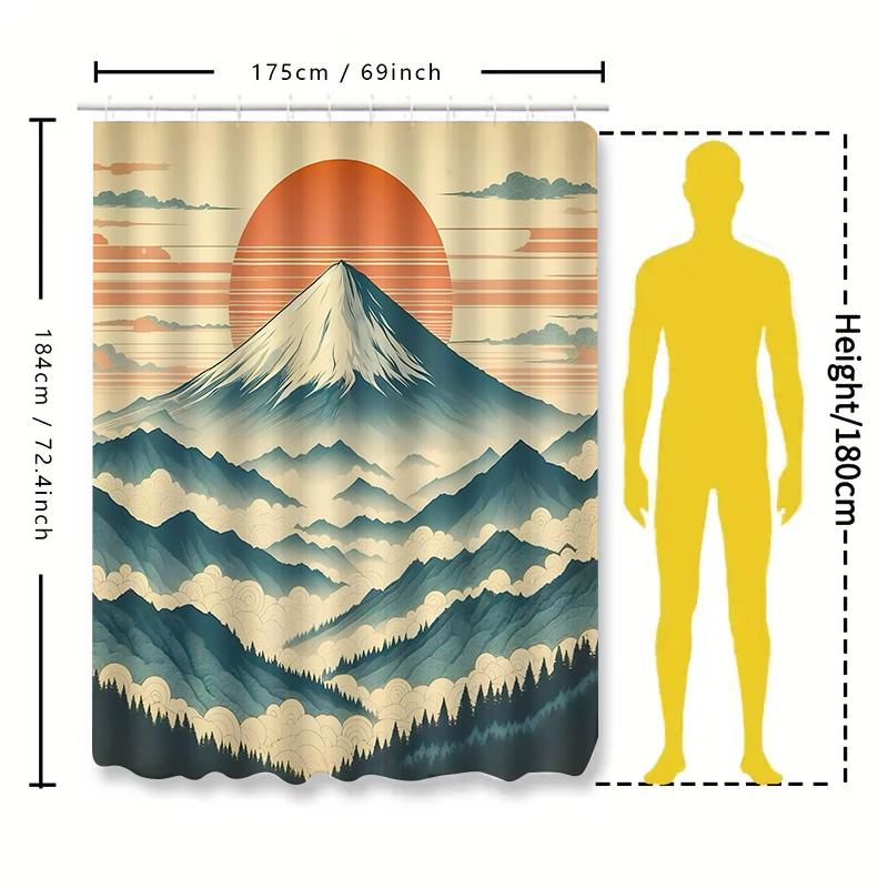 Style Mount Fuji Shower Curtain Japanese Landscape Art With Sunset And Layered Mountains Bathroom Decor For Zen Ambiance