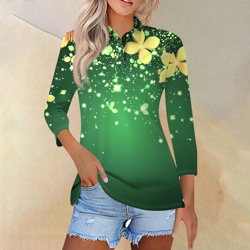 Women's Fashion Casual Lapel 3/4 Sleeve Print Shirt Women's Button Up Tops