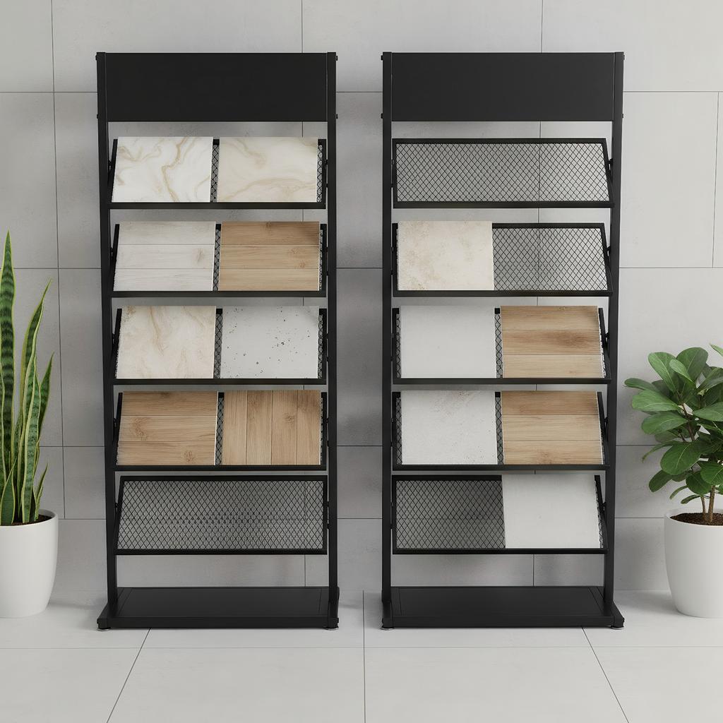 5 Tier Metal Floor Standing Tile Display Holder, Porcelain Display Stand Ceramic Tiles Sample Display Rack With Wheels