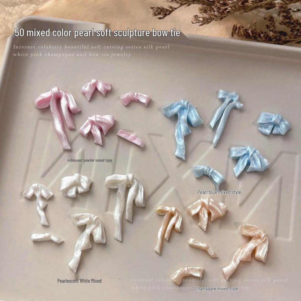 Pearlescent White & Pink Satin Ribbon Bow Nail Art Decorations Mixed Pack