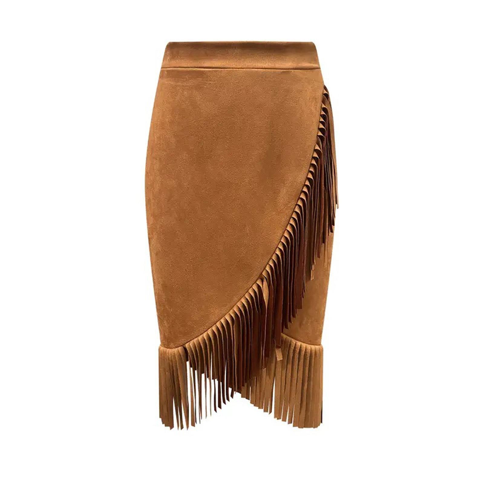 

Жіноча олівець-спідниця з бахромою по подолу, вінтажний ковбойський стиль, дизайн з китицями, бічна блискавка, штучна замша, облягаюча, для клубу/вечірки S світло-коричневого кольору