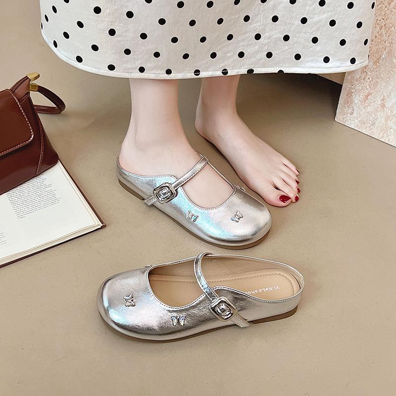 Rhinestone flower inner height increase small square head light mouth half slippers women's word with silver Mary Jane shoes women's slippers