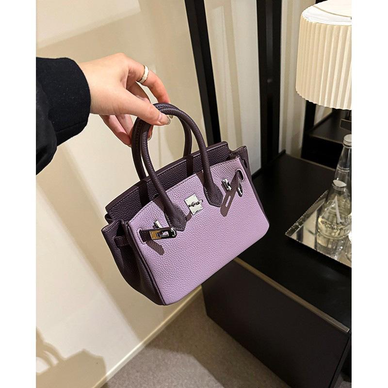Geantă de platină din piele de vacă pentru primul strat Geantă mov de ultimă generație pentru femei 2025, mini geantă de mână blocată de culoare nouă, geantă pentru navetă