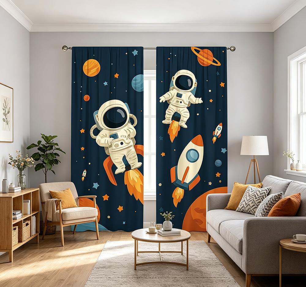 2PCS Digital Printed Curtains with Astronaut Space Design, Stylish Window Drapes for Living Room Bedroom Home Decoration