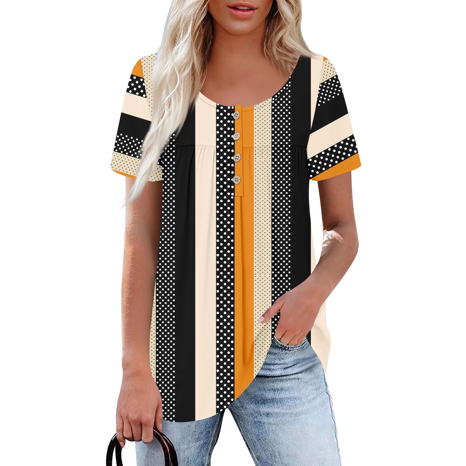 

Жіночий повсякденний однотонний топ із круглим вирізом і короткими рукавами, коміром на ґудзиках і рюшами XXXL жовтий