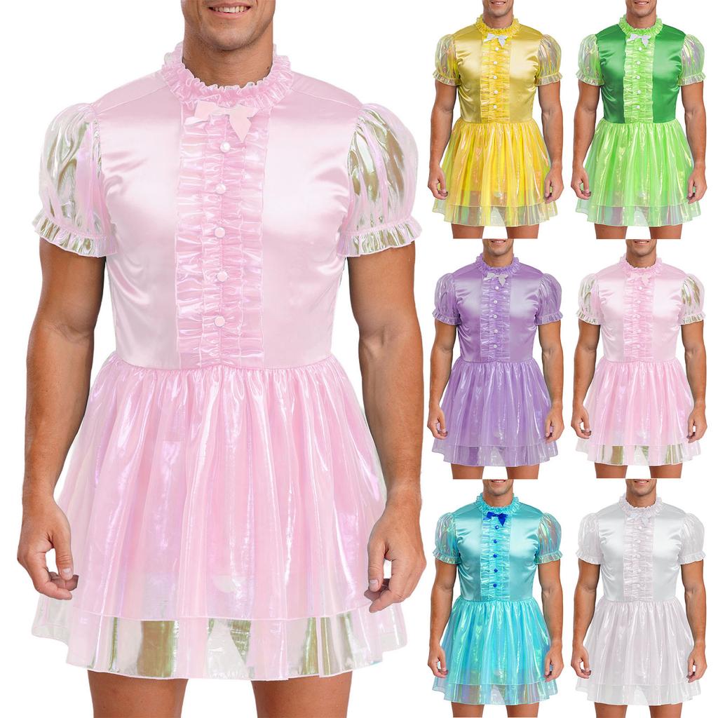 Herre Sissy Maid Kjole Kapper Kant Puffermer Sløyfedetalj Glitrende Puffete Kjole Låsbar Crossdressing Kostyme