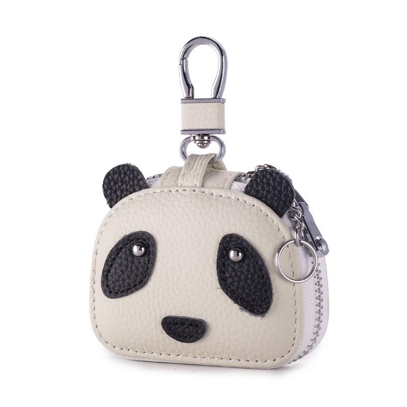 

Leather compact key bag New panda bluetooth headset protective case First layer cowhide waist hanging universal key bag грязно-белый