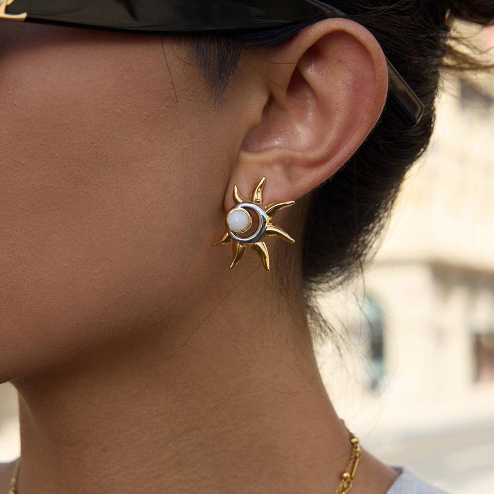 Youthway Gold And Color-Blocking Design Moonstone Sun Stud Earrings Stainless Steel Women’S Everyday Jewelry Gift