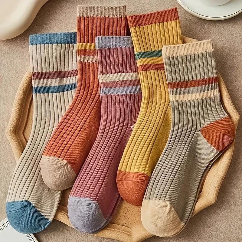 

5 Pairs Ladies Long Color-Block Socks, Vintage Color Leisure Socks Athletic Socks, Suitable For Everyday Casual Activities Wear