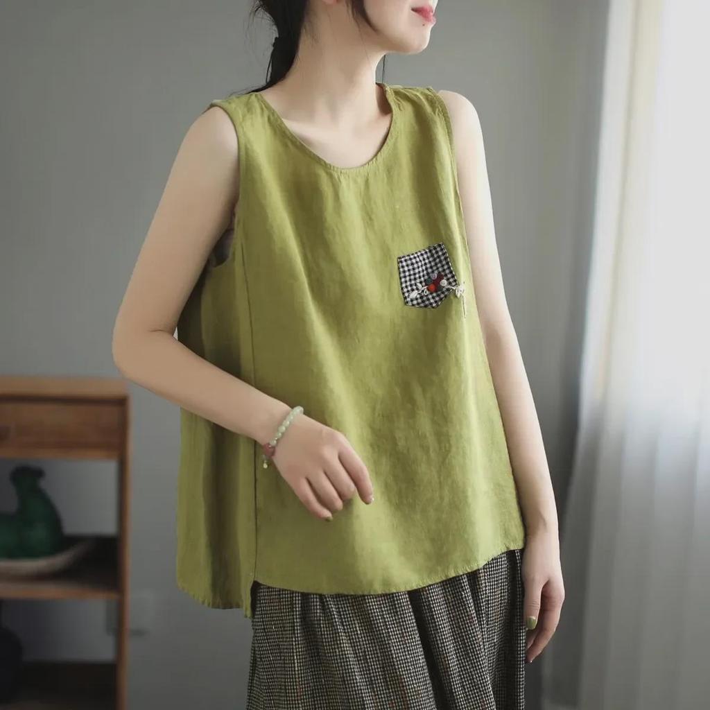 Camisola extragrande de algodón y lino para mujer: Top retro sin mangas versátil para el verano