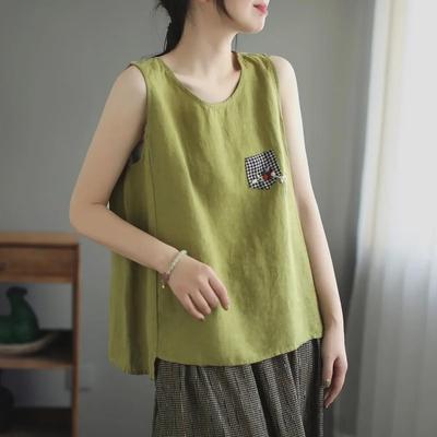 Women's Retro Cotton-Linen Camisole - New Summer Style, Sleeveless, Loose Fit, Solid Color, Plus Size Top.
