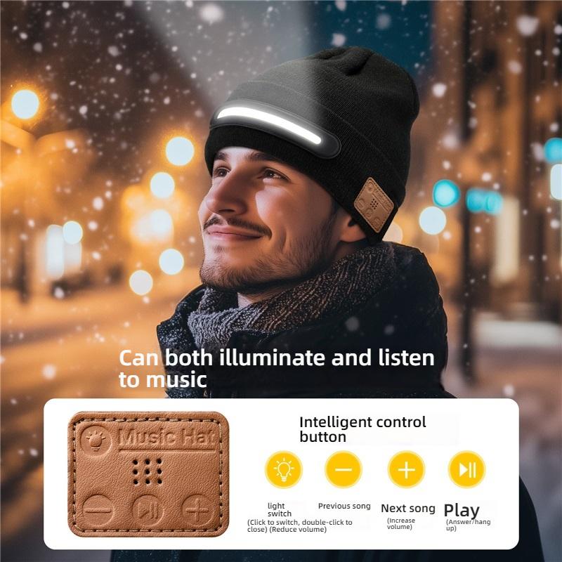 Wireless Bluetooth 5.4 Music Beanie Hat with LED Headlight, IPX5 Waterproof Stereo Headphones for Outdoor Sports