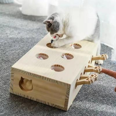 Funny Wooden Cat Interactive Toy-Hunt Puzzle Maze with 5-Holed Mouse Holes Hamster Catch Bite Toys for Cat Practical Pet Supplie