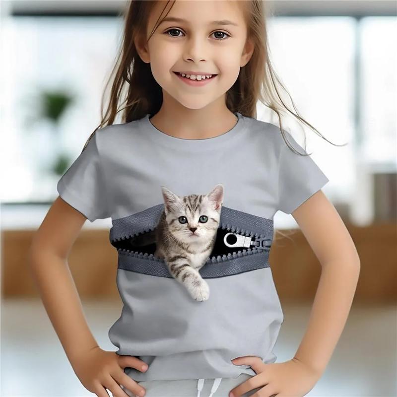 T-Shirt for Girls Cute Cat Pattern 3D Print Casual Vintage Short Sleeved T-Shirt Streetwear Style Unisex T-Shirts for Children